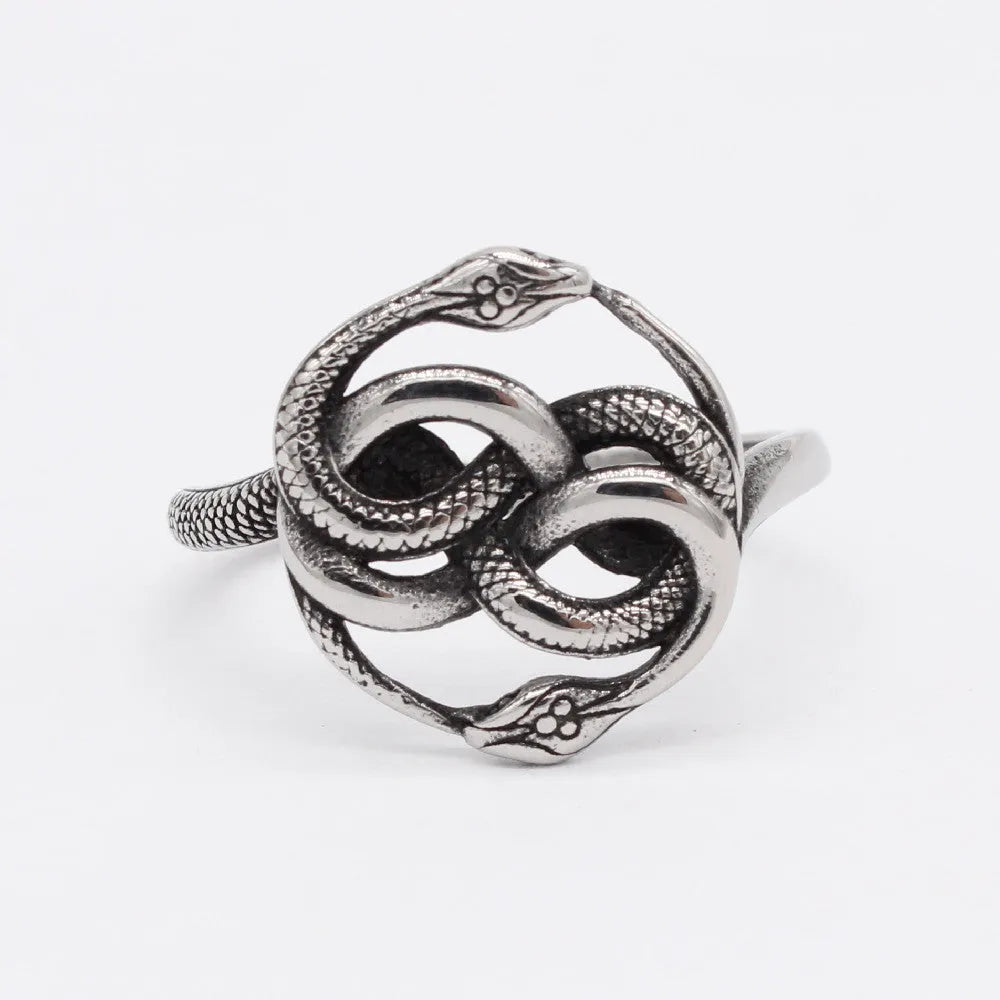 Titanium steel double snake ring with retro styling and steel colour finish