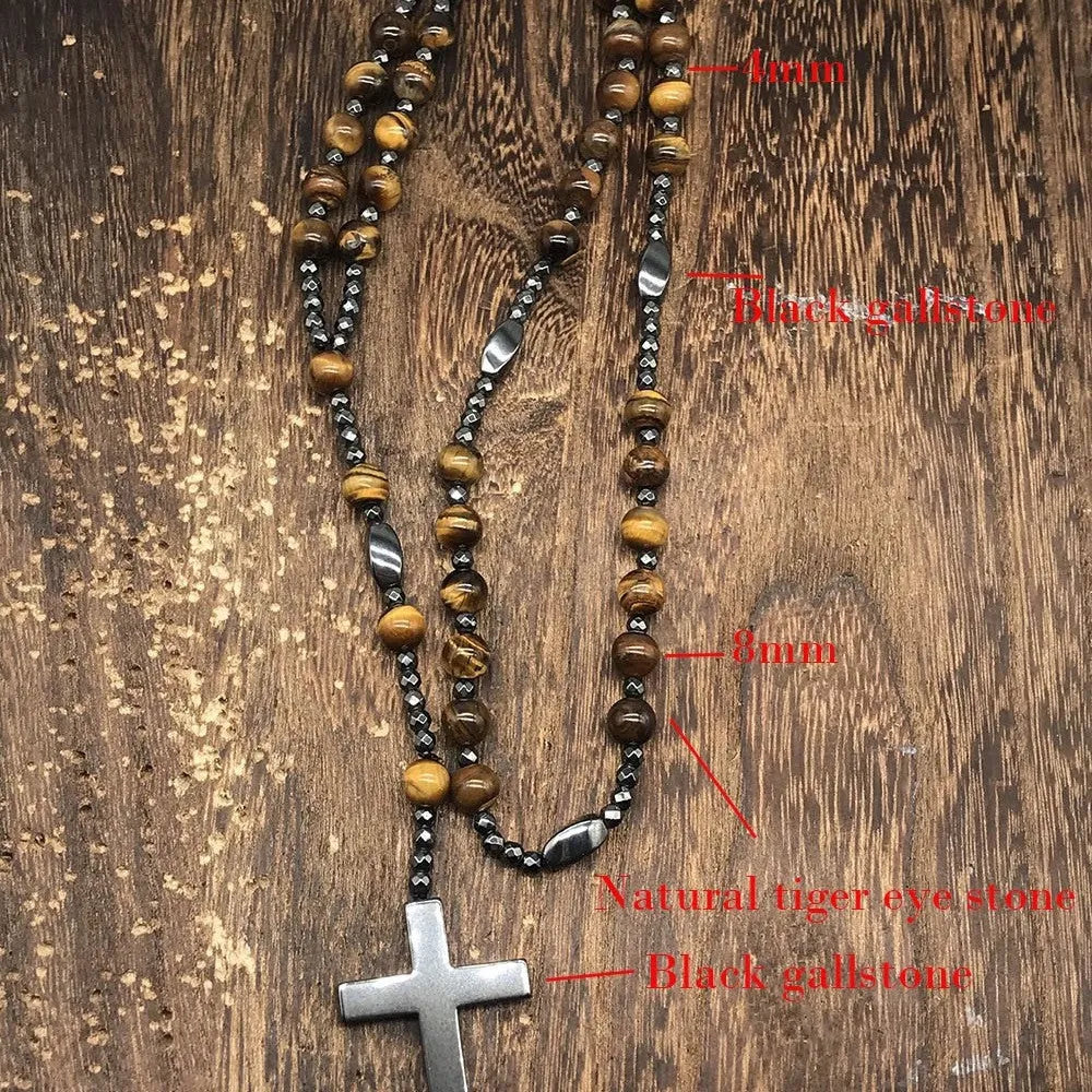 Men's stone cross necklace with hand-woven geometric pendant on ball bead chain with safety lock clasp