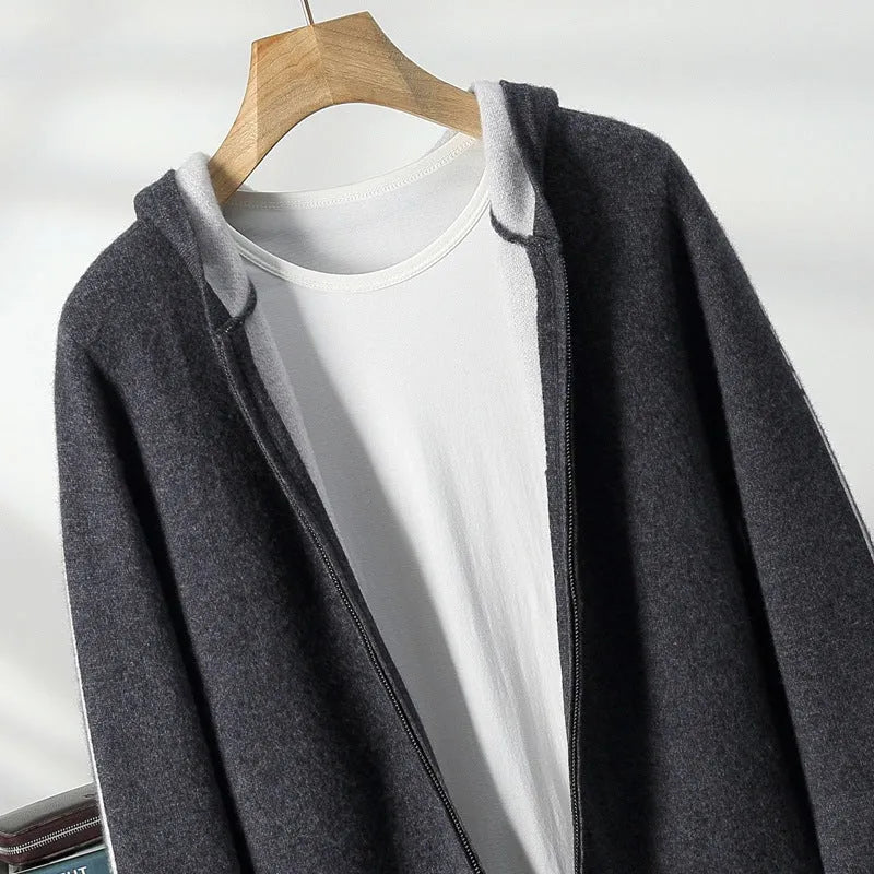 Man wearing a dark blue cashmere half-high collar zipper cardigan sweater