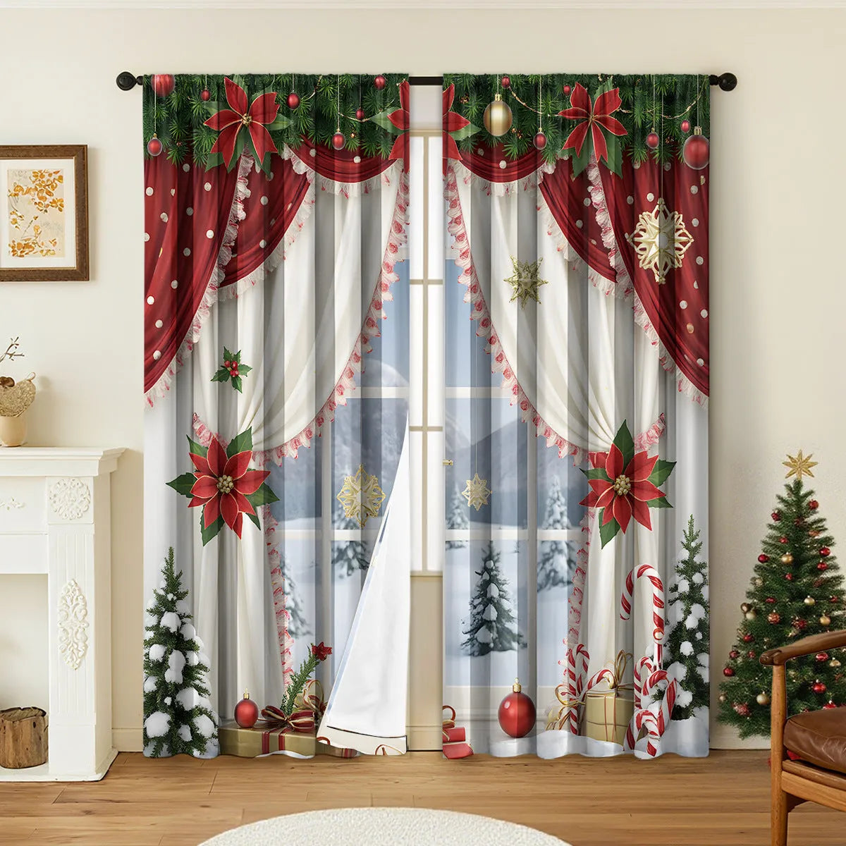 3D printed Christmas curtains with festive designs on polyester fabric, showing European-style patterns