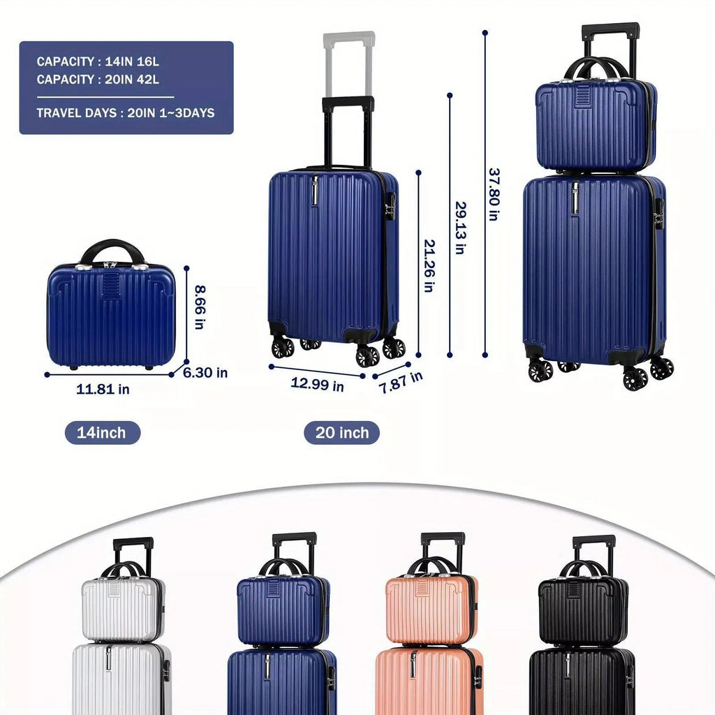 Aluminium alloy luggage and mini box travel set showing 14in and 20in trunks with an included towel.
