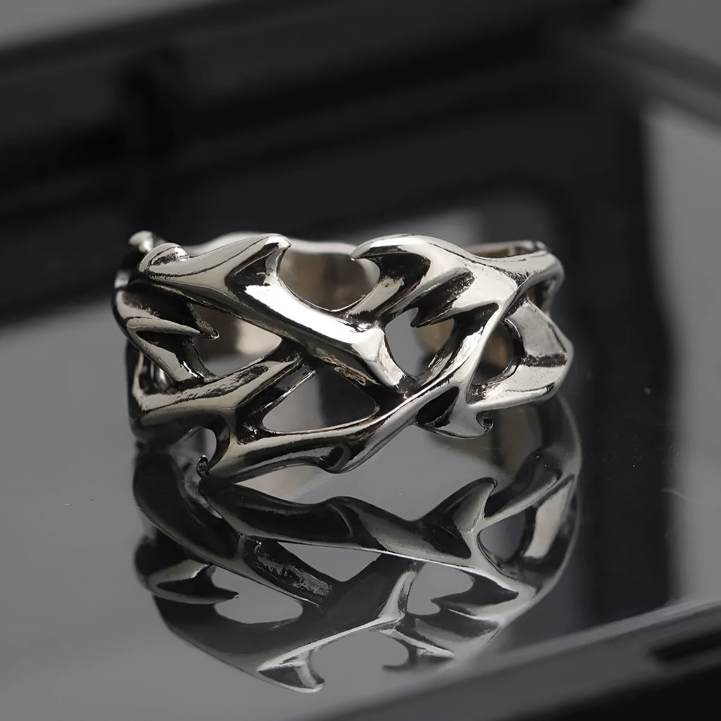 Adjustable copper thorn flower ring with geometric design and flexible opening
