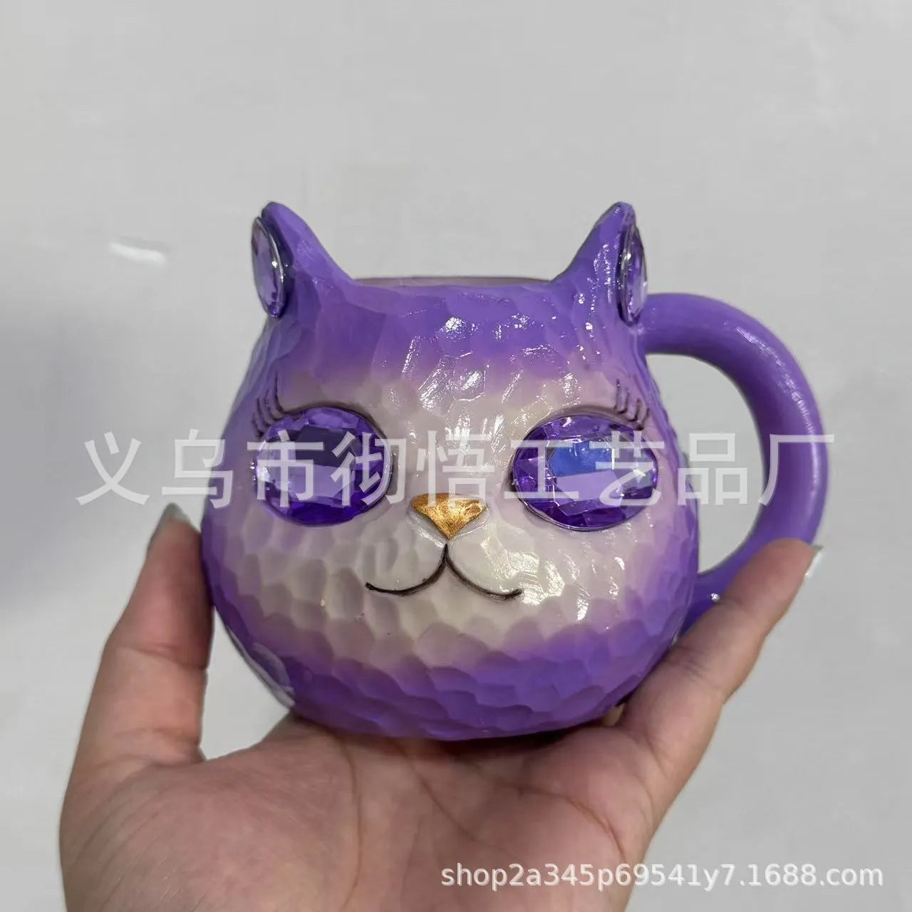 American style resin cat cup decoration in blue, green, pink, or purple colour.