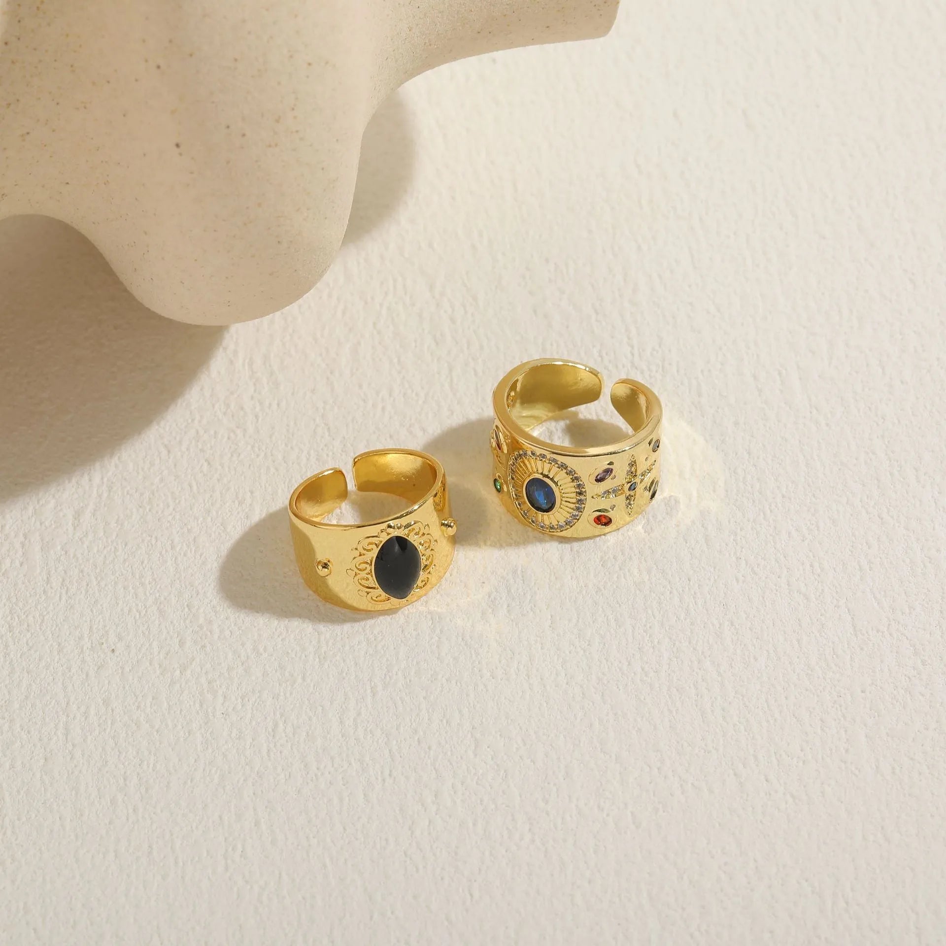 Chinese style geometric zircon ring with electroplated copper construction in antique horse eye black