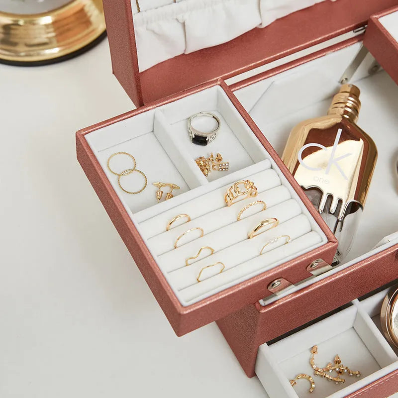Hard PU leather jewellery storage box in beige, black, pink, or rose gold, dimensions 22.5cm by 15.5cm by 14cm