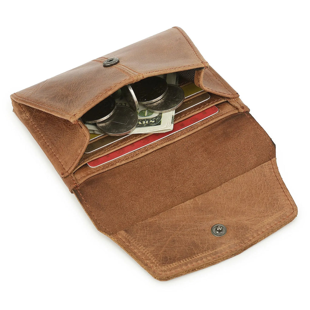 Cowhide genuine leather multifunctional coin purse wallet in retro style with stitching details.