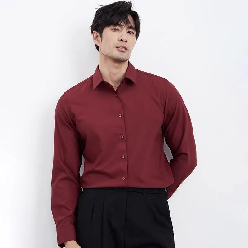 Men's wine red slim fit business shirt with long sleeves and non-ironing polyester blend fabric