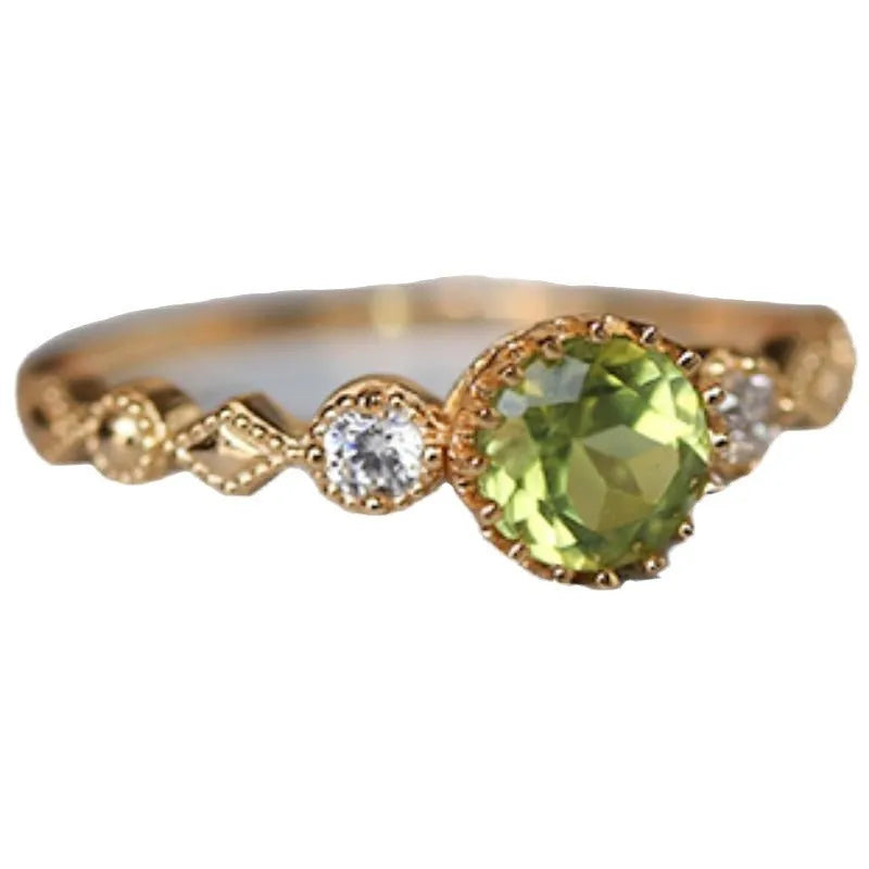 Women's copper geometric ring with imitation peridot stone in Japanese retro artistic style