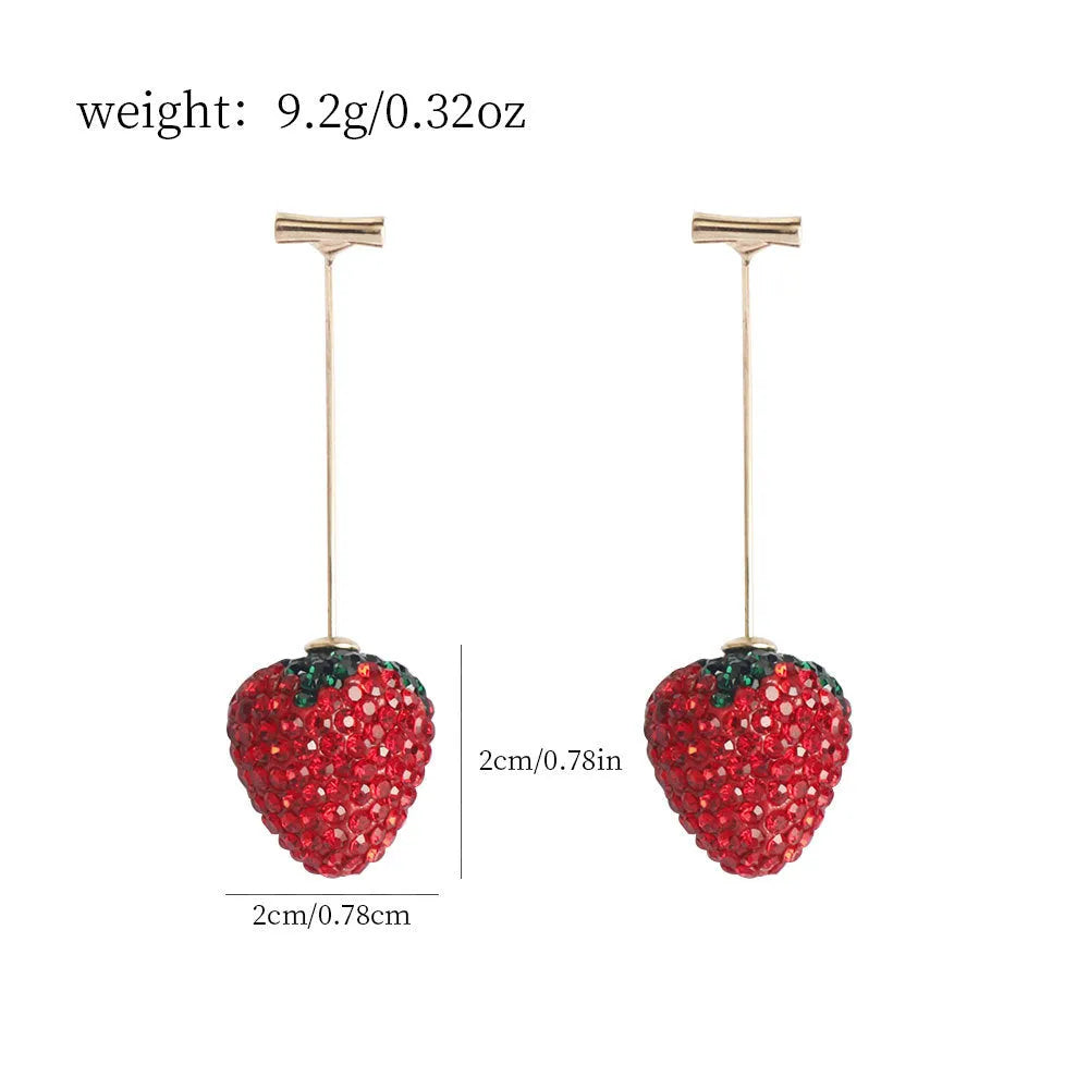 Zinc alloy strawberry-shaped drop earrings with spot drill detail in red, pink, purple, and champagne colours.