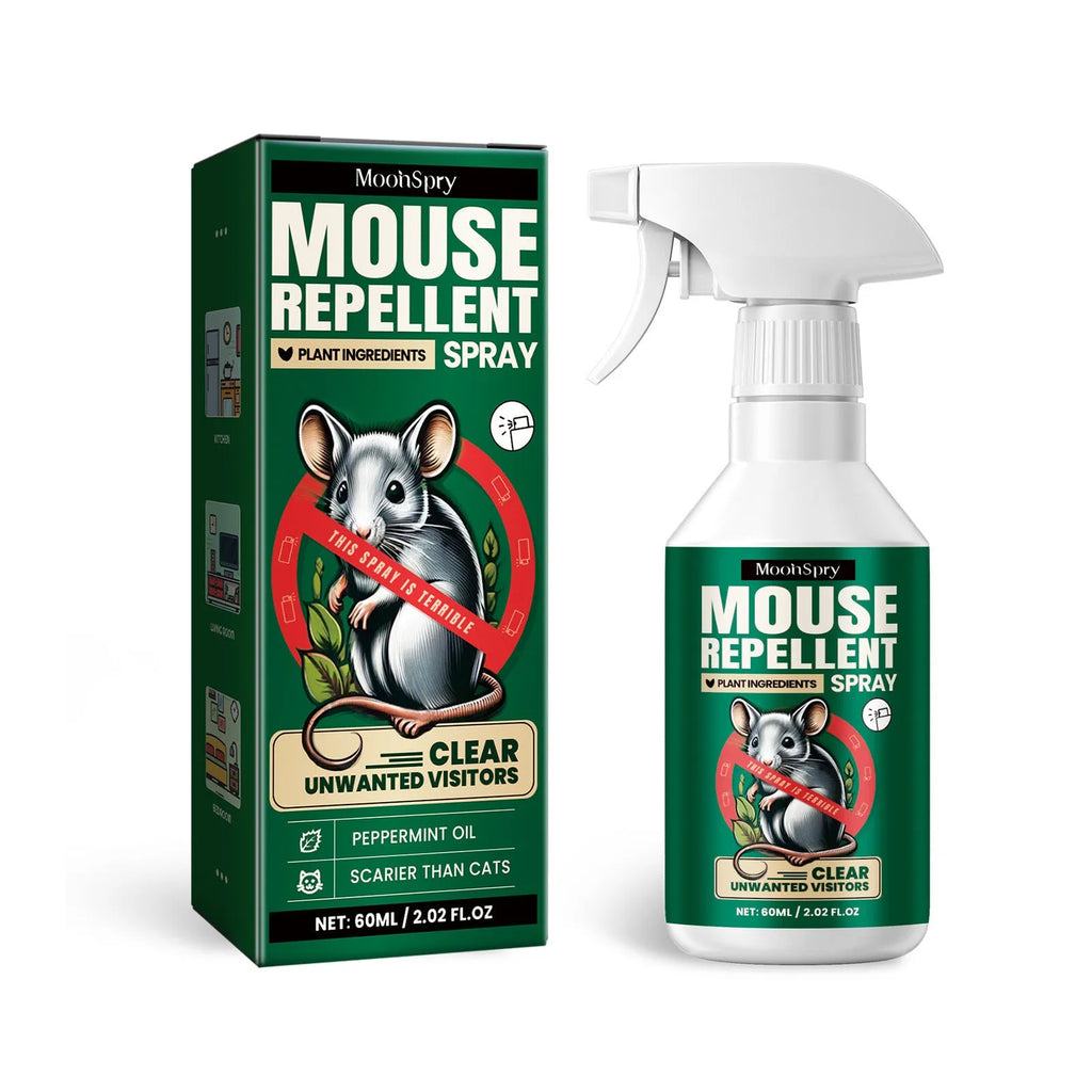 60ml bottle of natural rat repellent spray with essential oils for home, car and outdoor use.