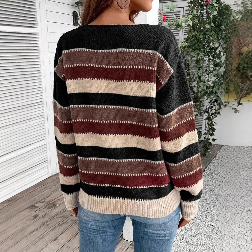 Women's striped colourblock pullover sweater in polyester, shown in a choice of colours.