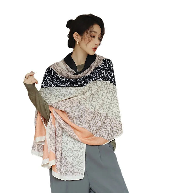 Polyester printed scarf with 180x90cm dimensions showing decorative pattern for autumn wear