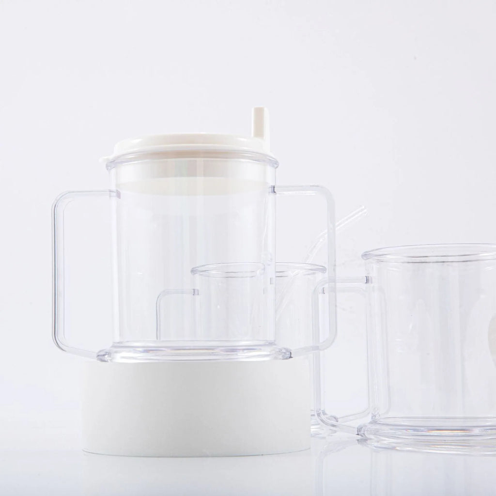 Transparent PP plastic drinking cup with spill-proof lid showing 14cm height