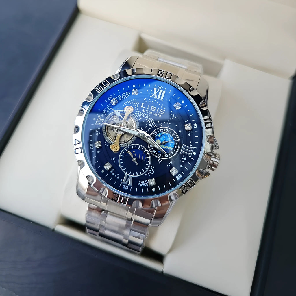 Men's silver automatic mechanical watch with black steel belt, 12mm case, and luminous starry dial