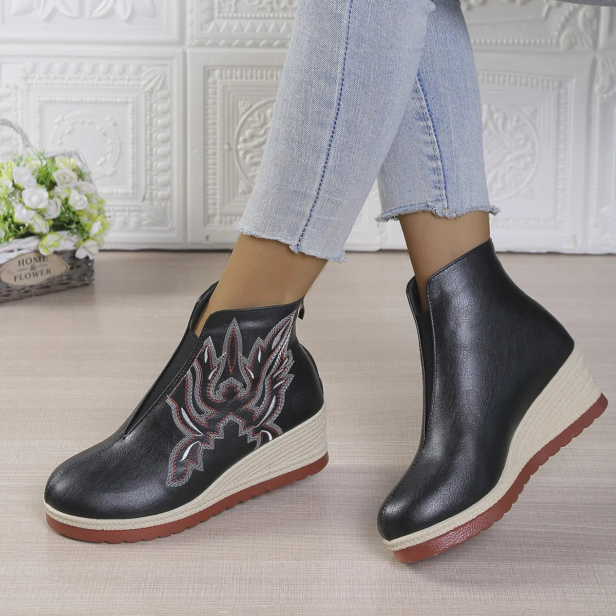 Embroidered thick version retro ankle boots for women in solid colour, artificial PU upper, rubber sole, available in black and brown.
