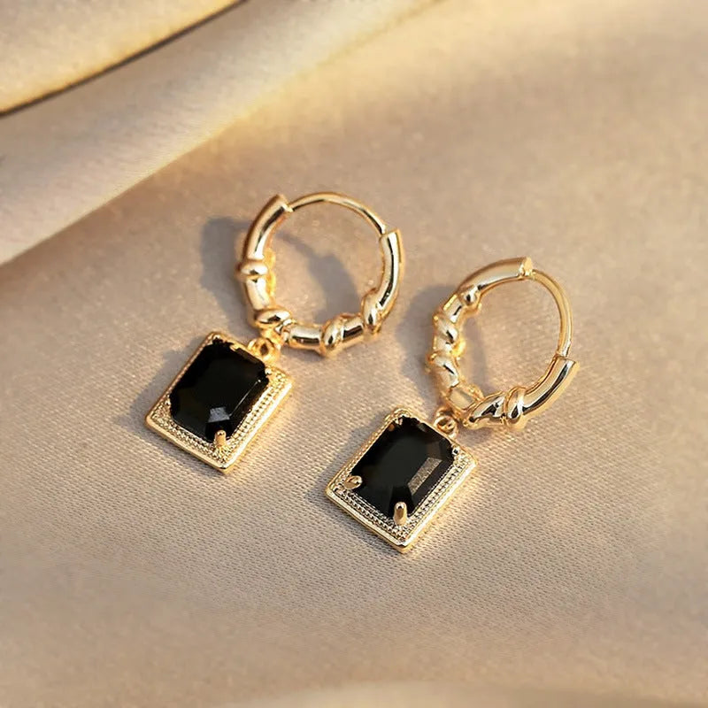 Geometric black zircon copper earrings with quadrilateral design and French court retro styling