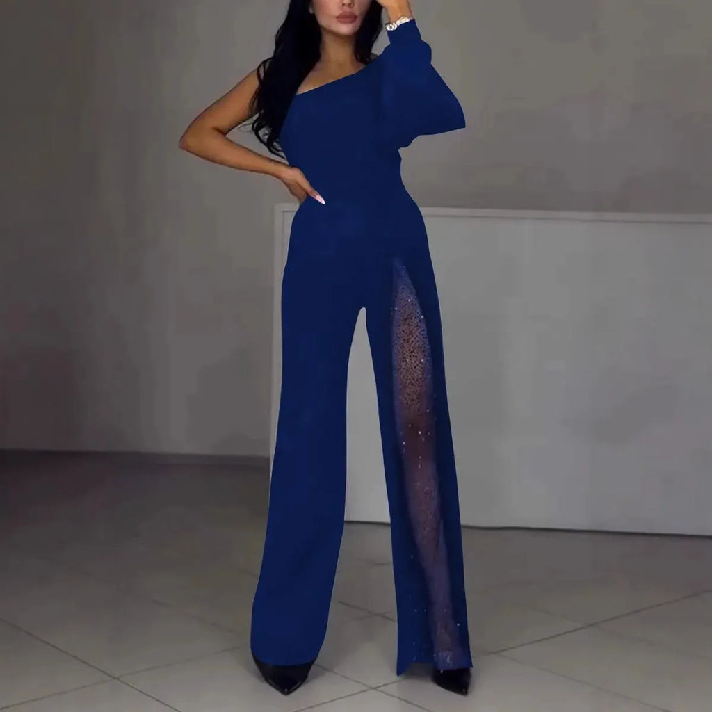 Women's black polyester jumpsuit with oblique shoulder design and high slit leg opening