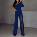 Women's black polyester jumpsuit with oblique shoulder design and high slit leg opening