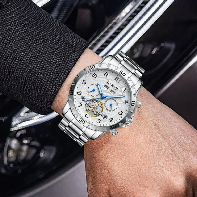 Men's silver steel automatic perpetual calendar mechanical watch with sapphire crystal glass