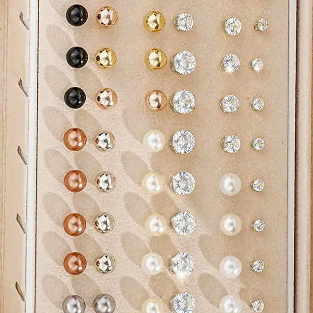 Geometric round pearl earrings in gold and yellow electroplated finishes, 108-piece alloy jewellery set