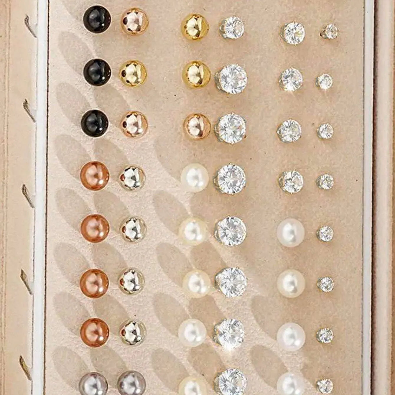 Geometric round pearl earrings in gold and yellow electroplated finishes, 108-piece alloy jewellery set