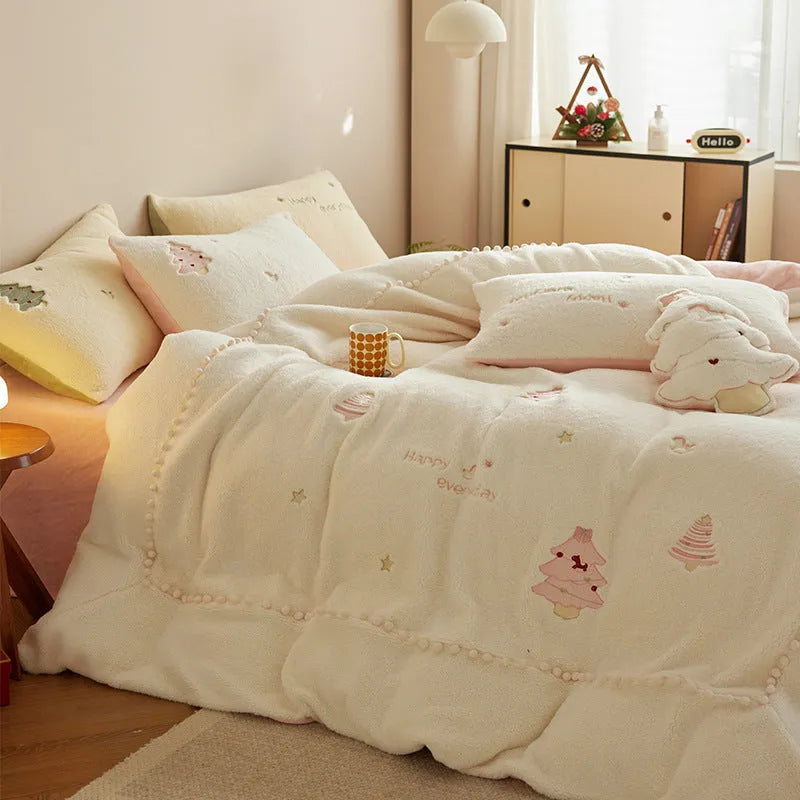 Winter milk fibre bedding set with Christmas tree pattern showing green and pink colour options