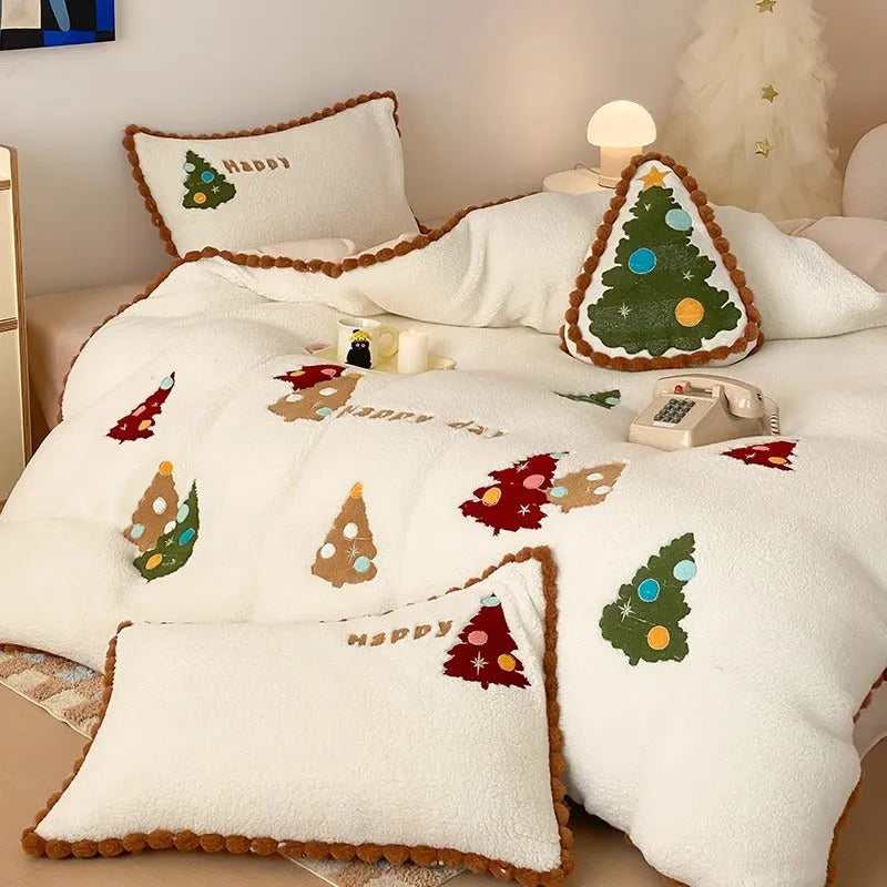 Bright yellow Christmas tree bedding set with embroidery design and fleece lining