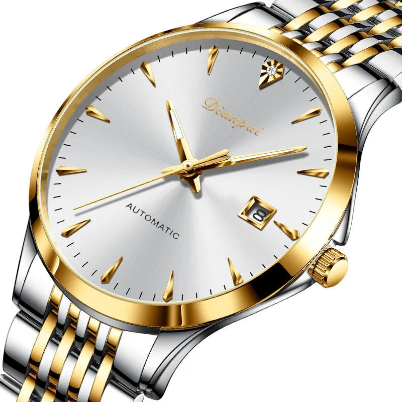 Men's stainless steel automatic mechanical watch with simple dial on wrist