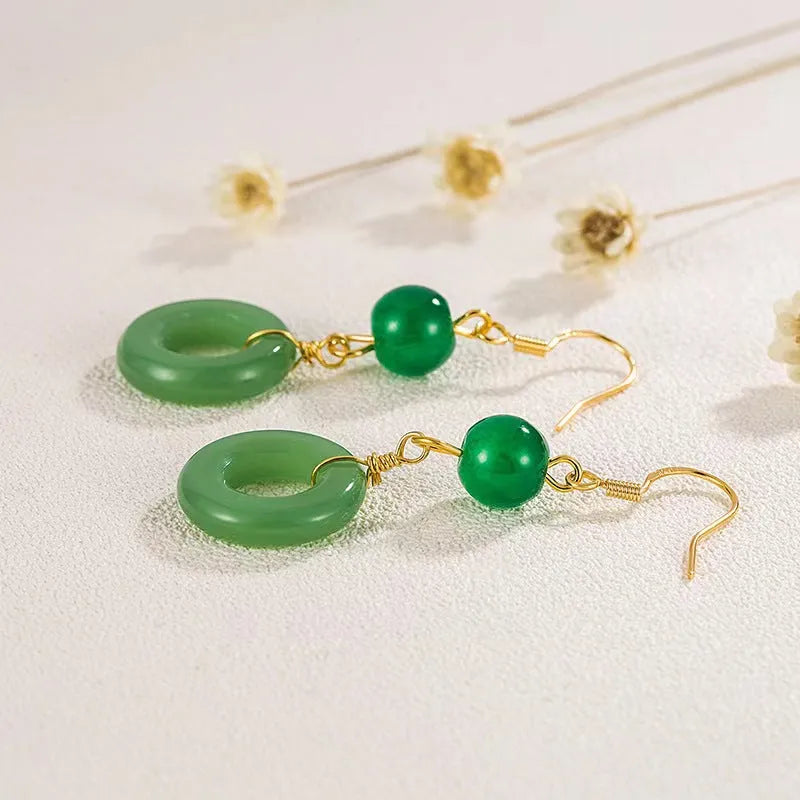 Green jade design peace buckle earrings with 14K gold plated zinc alloy finish