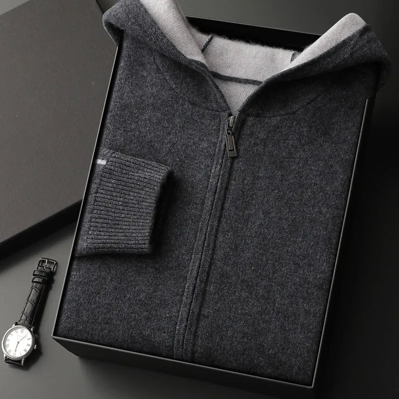 Man wearing a dark blue cashmere half-high collar zipper cardigan sweater