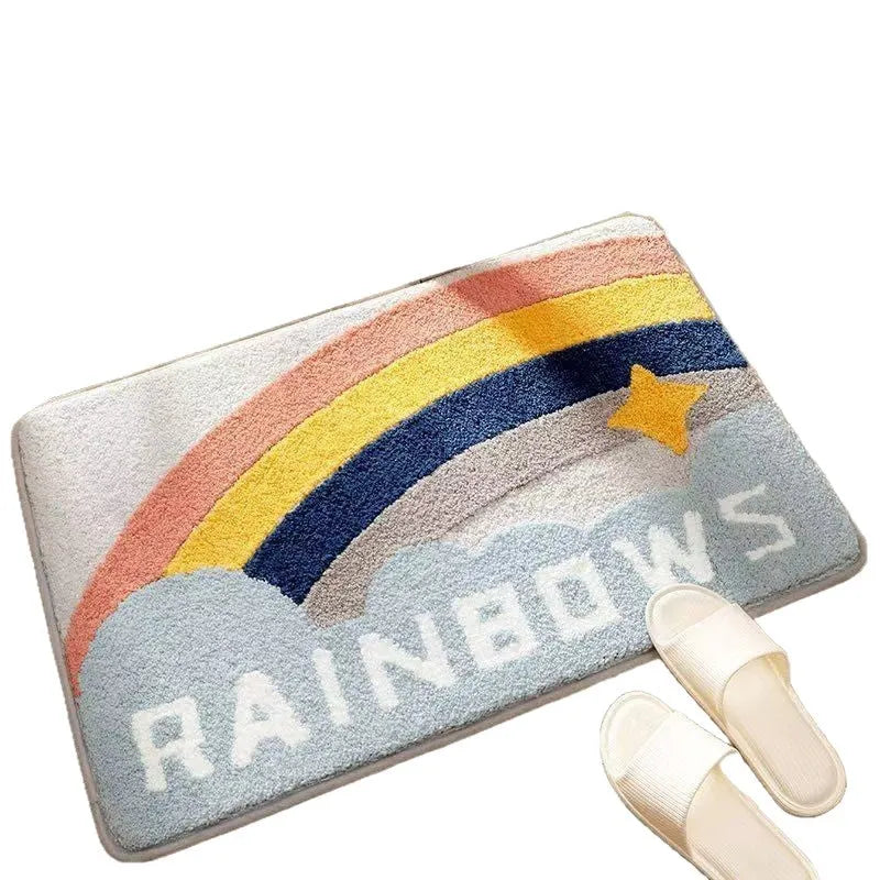 Square rainbow pattern floor mat with plastic bottom in Sky Sea colour, shown in 40x60cm size