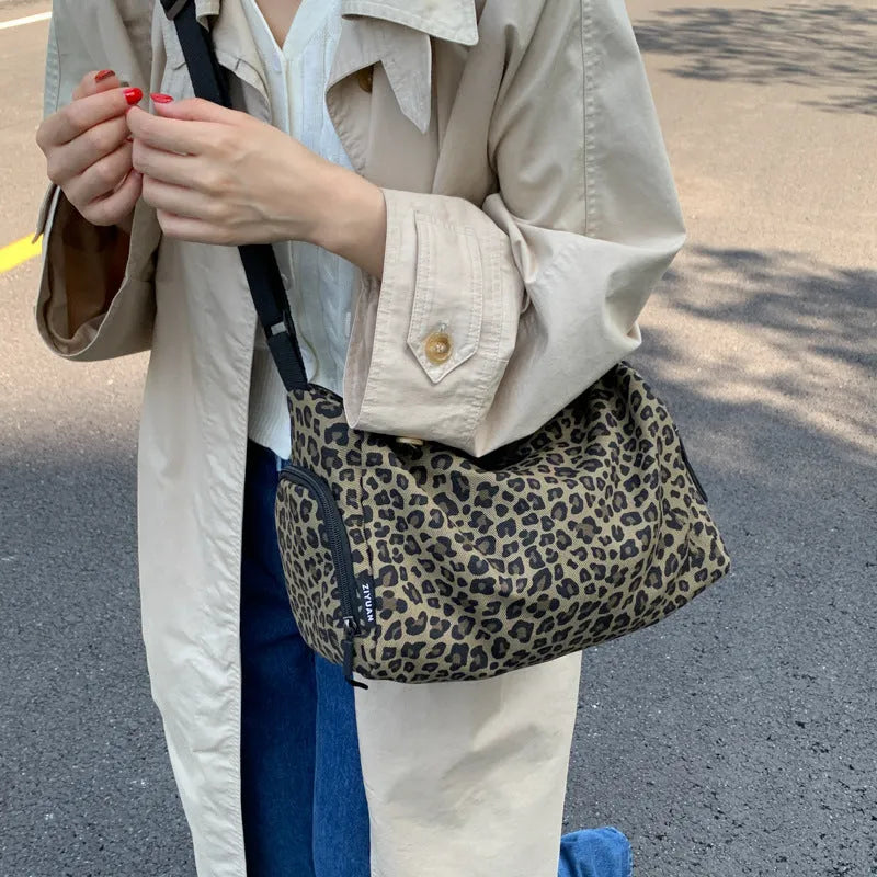 Large capacity leopard print cloth messenger bag with cross-body strap