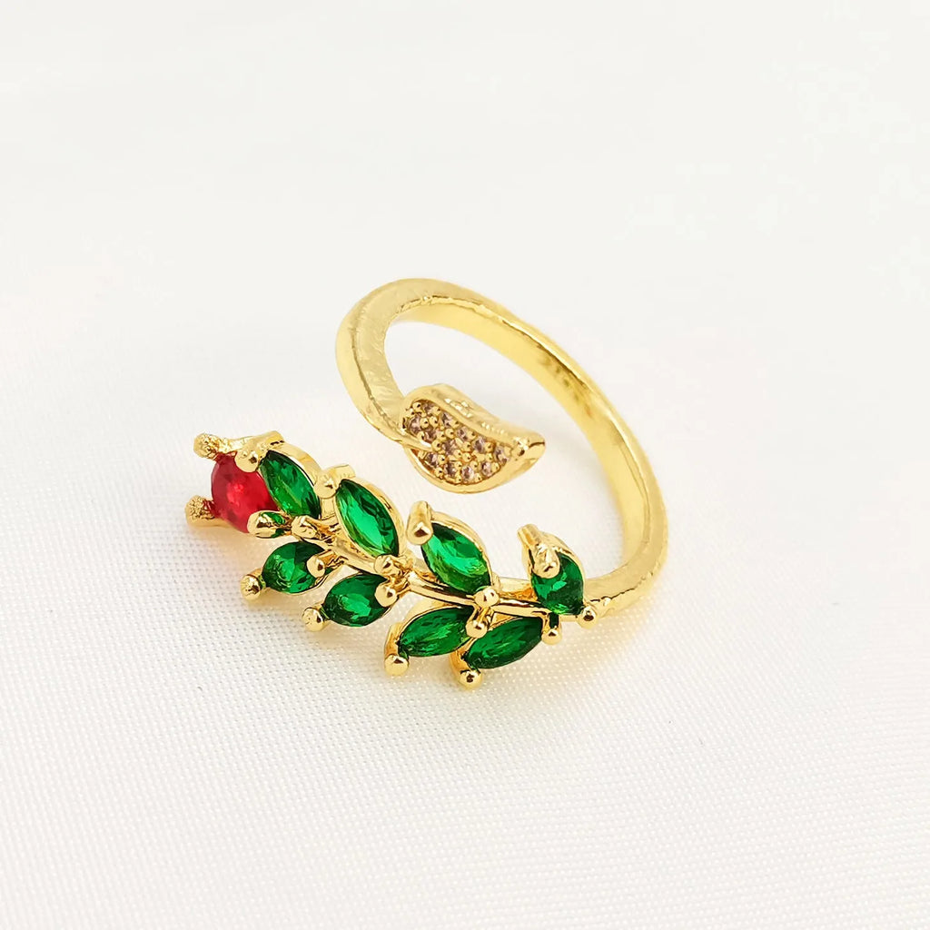 Copper open mouth ring with geometric leaf pattern and zircon detailing in national style design