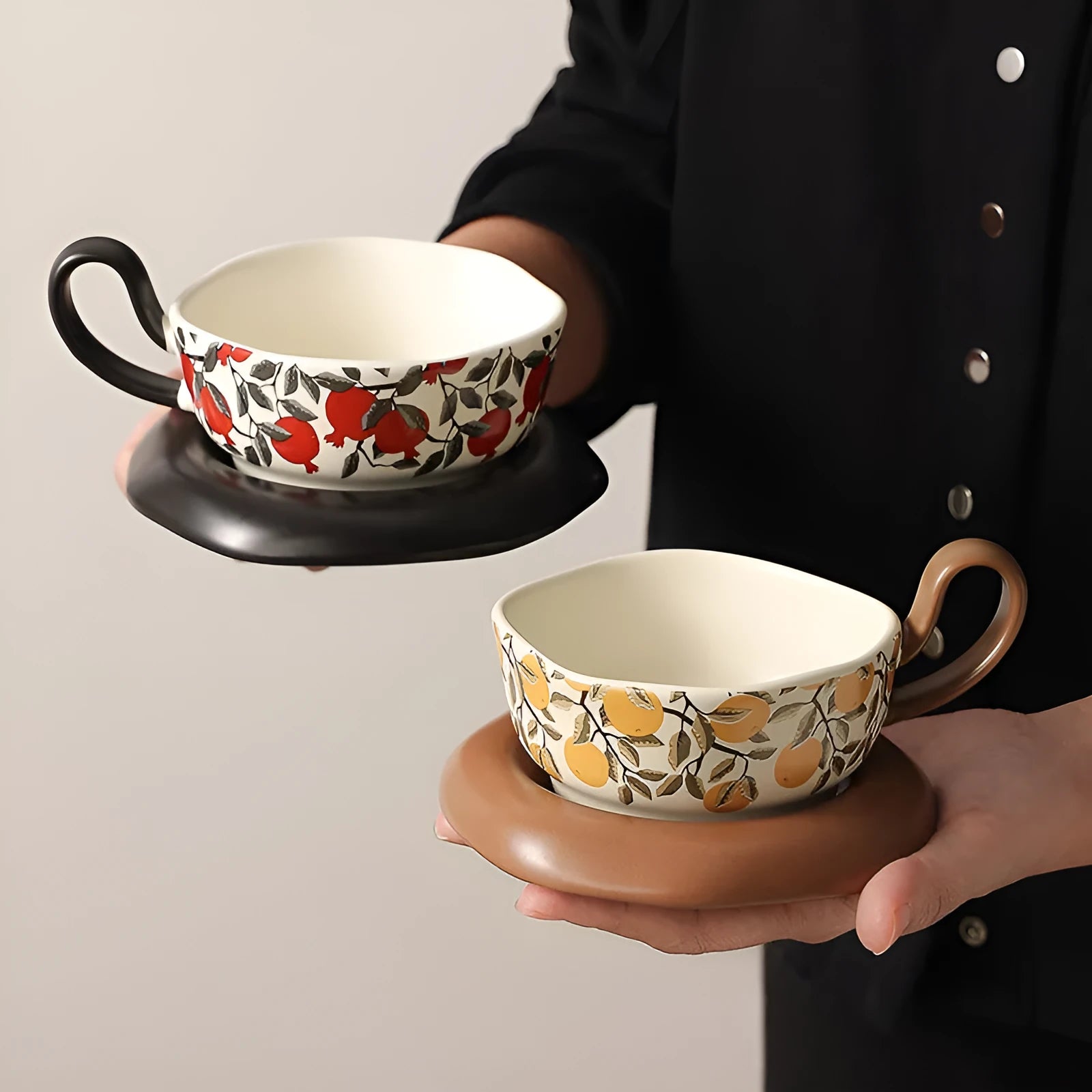 Ceramic coffee cup and saucer set in medieval pomegranate design with 210ml capacity