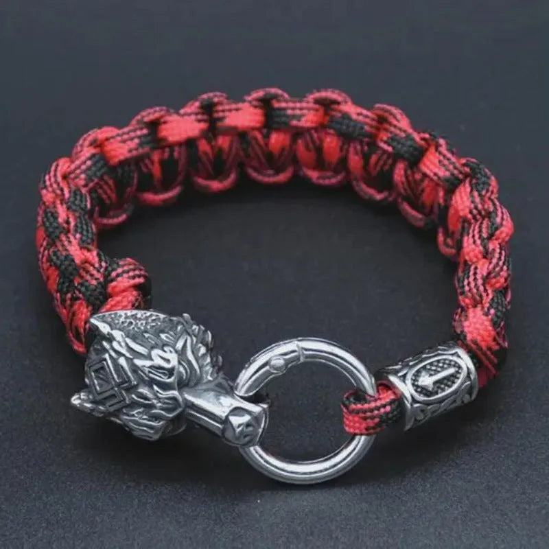 Stainless steel wolf head bracelet with Luen characters in camouflage colour