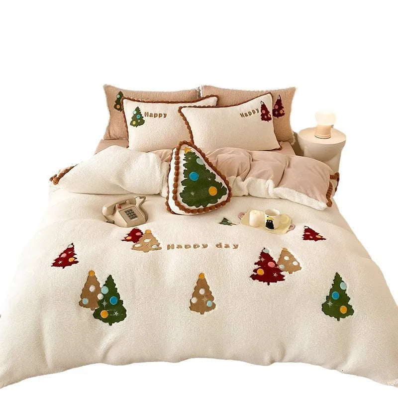 Bright yellow Christmas tree bedding set with embroidery design and fleece lining