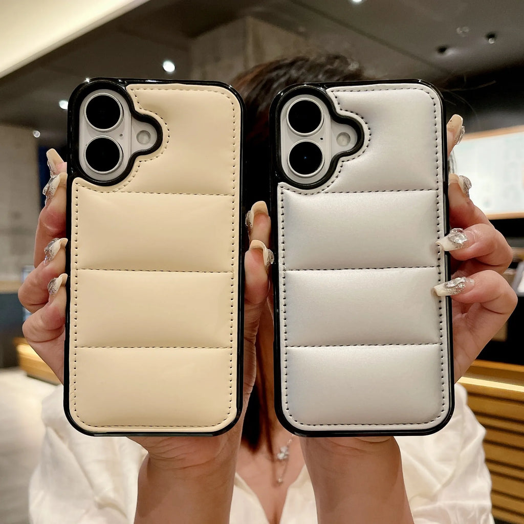 Fashion macaron down jacket shockproof PC phone case with embossed finish for Apple iPhone in multiple colours