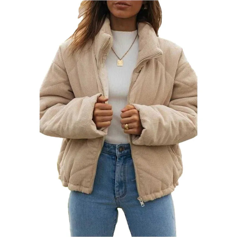 Apricot-coloured women's corduroy jacket with a stand collar and front zipper.