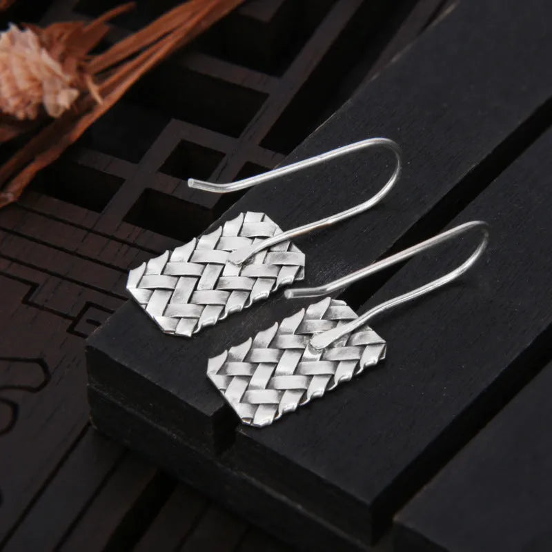 Silver geometric earrings with diamond plaid woven pattern, 17.5mm length