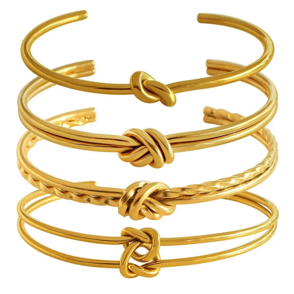 Adjustable stainless steel 18K gold plating knotted C-shaped open double-layer women's bracelet
