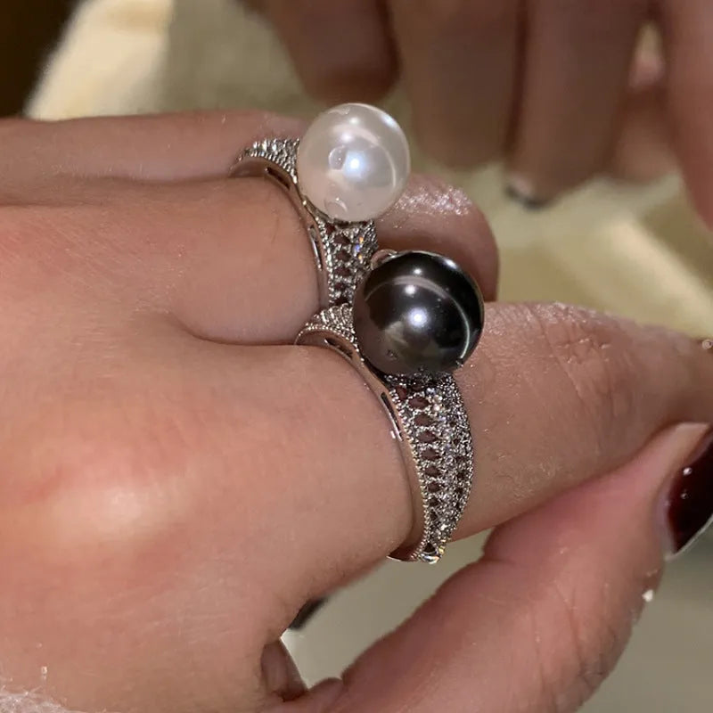 Geometric open ring with black pearl on adjustable copper band for women