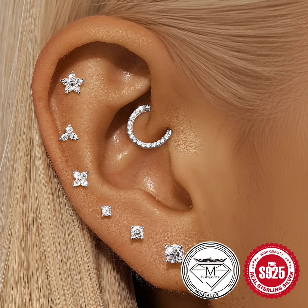 Platinum-plated sterling silver geometric petal stud earrings with ear clip fitting in multiple style options