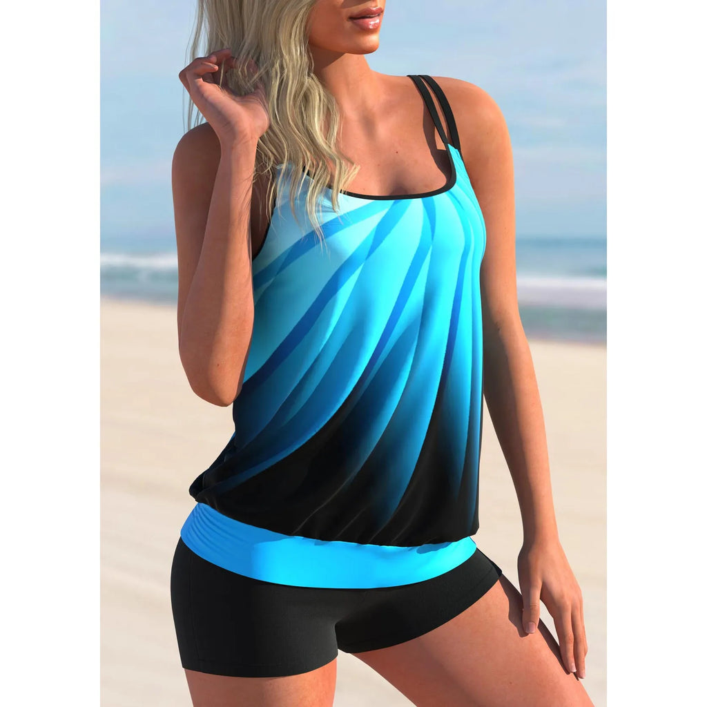 Plus size women's printed swimsuit with matching beach shorts in butterfly pattern