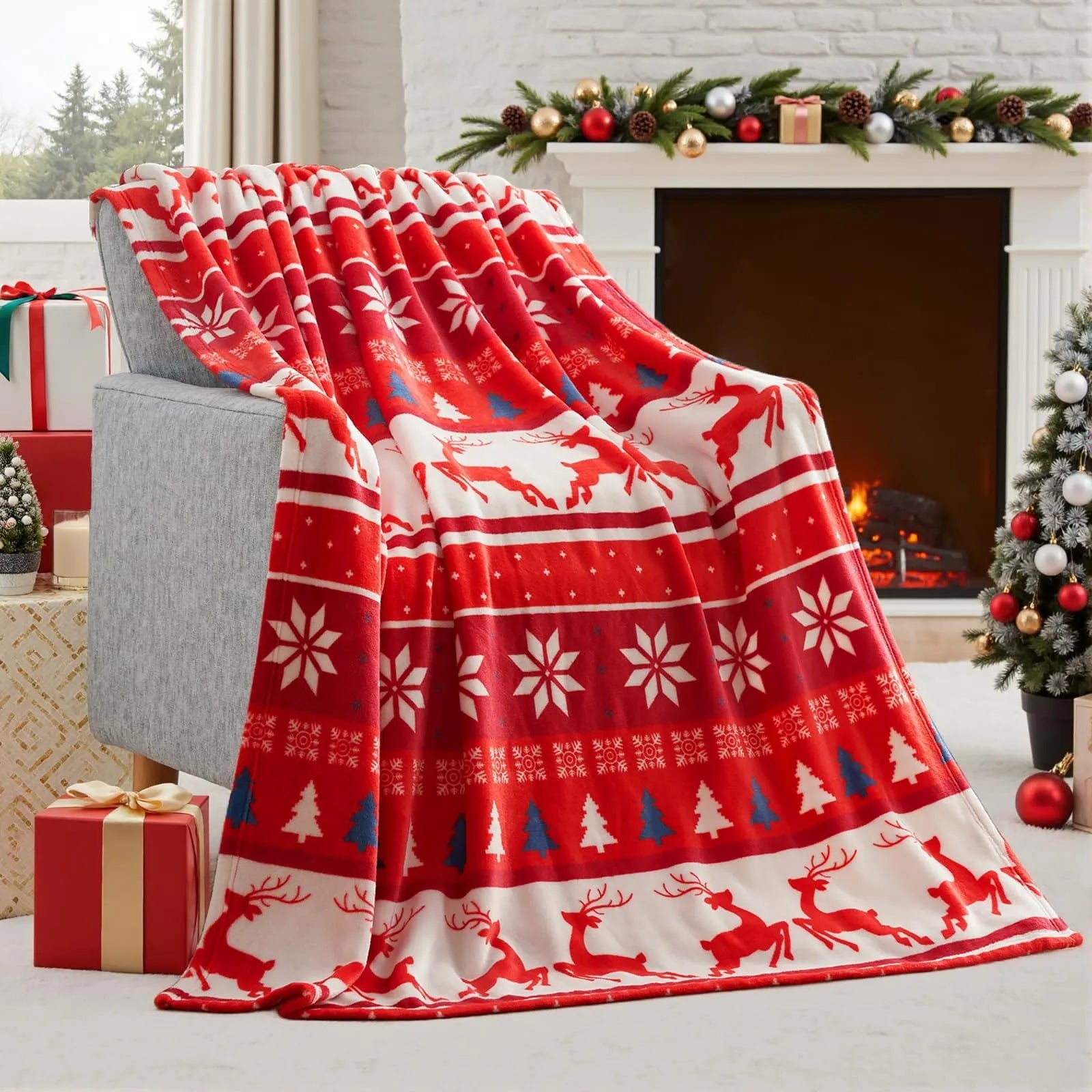 Polyester fibre Christmas blanket in American style with soft flannel texture showing size options