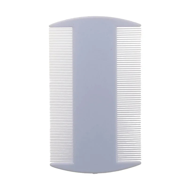 A white plastic fine-toothed double-sided flea and lice comb measuring 8cm.