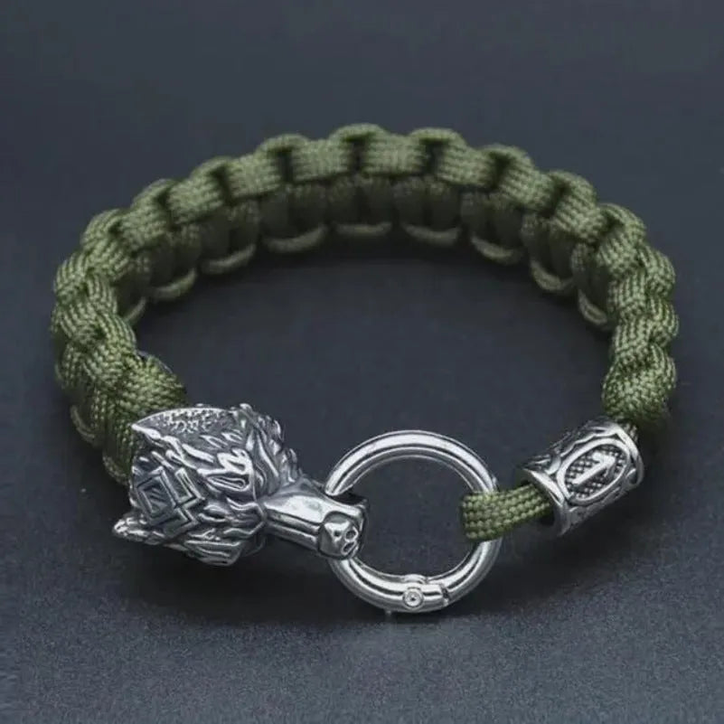 Stainless steel wolf head bracelet with Luen characters in camouflage colour