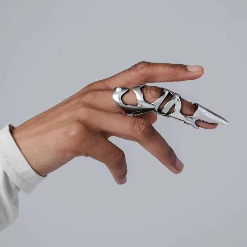Silver alloy finger stall armour ring with punk styling and full finger coverage