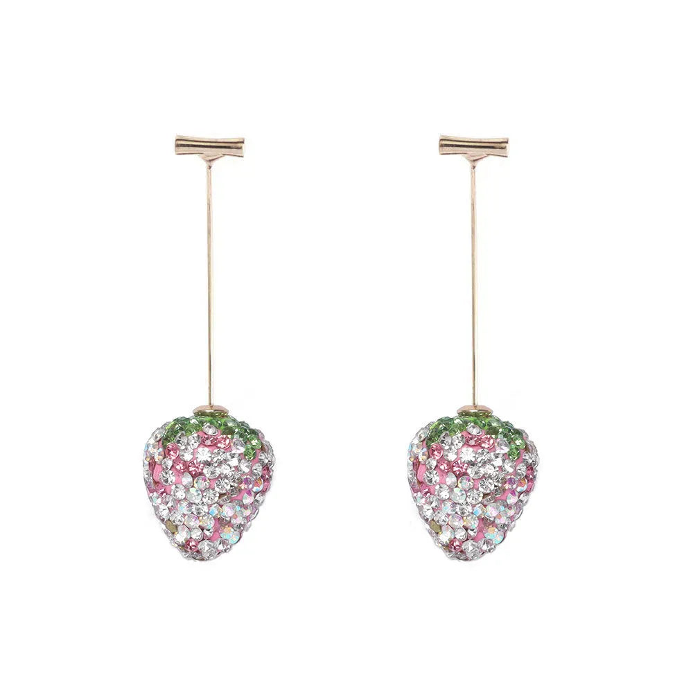 Zinc alloy strawberry-shaped drop earrings with spot drill detail in red, pink, purple, and champagne colours.