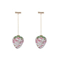 Zinc alloy strawberry-shaped drop earrings with spot drill detail in red, pink, purple, and champagne colours.