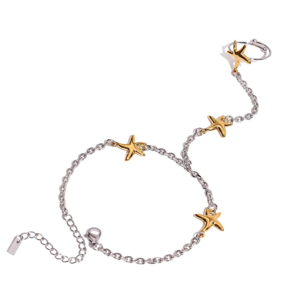 Women's stainless steel starfish mitten-type bracelet in gold and silver geometric chain style